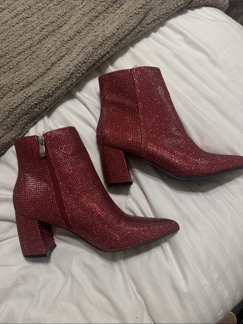Red Sparkle Ankle Boots - Women's Stylish Block Heel Booties